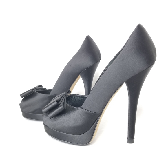 FENDI Peep Toe Heels in Black Satin with Bow Platform Stiletto Pumps EU 37 - Picture 12 of 16